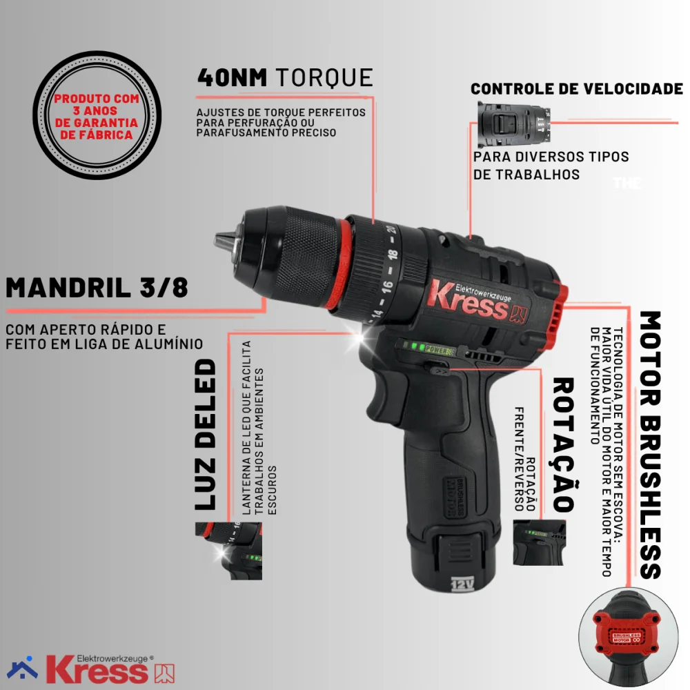 Kit Furadeira e Parafusadeira de Impacto 12V Brushless Kress KUG02