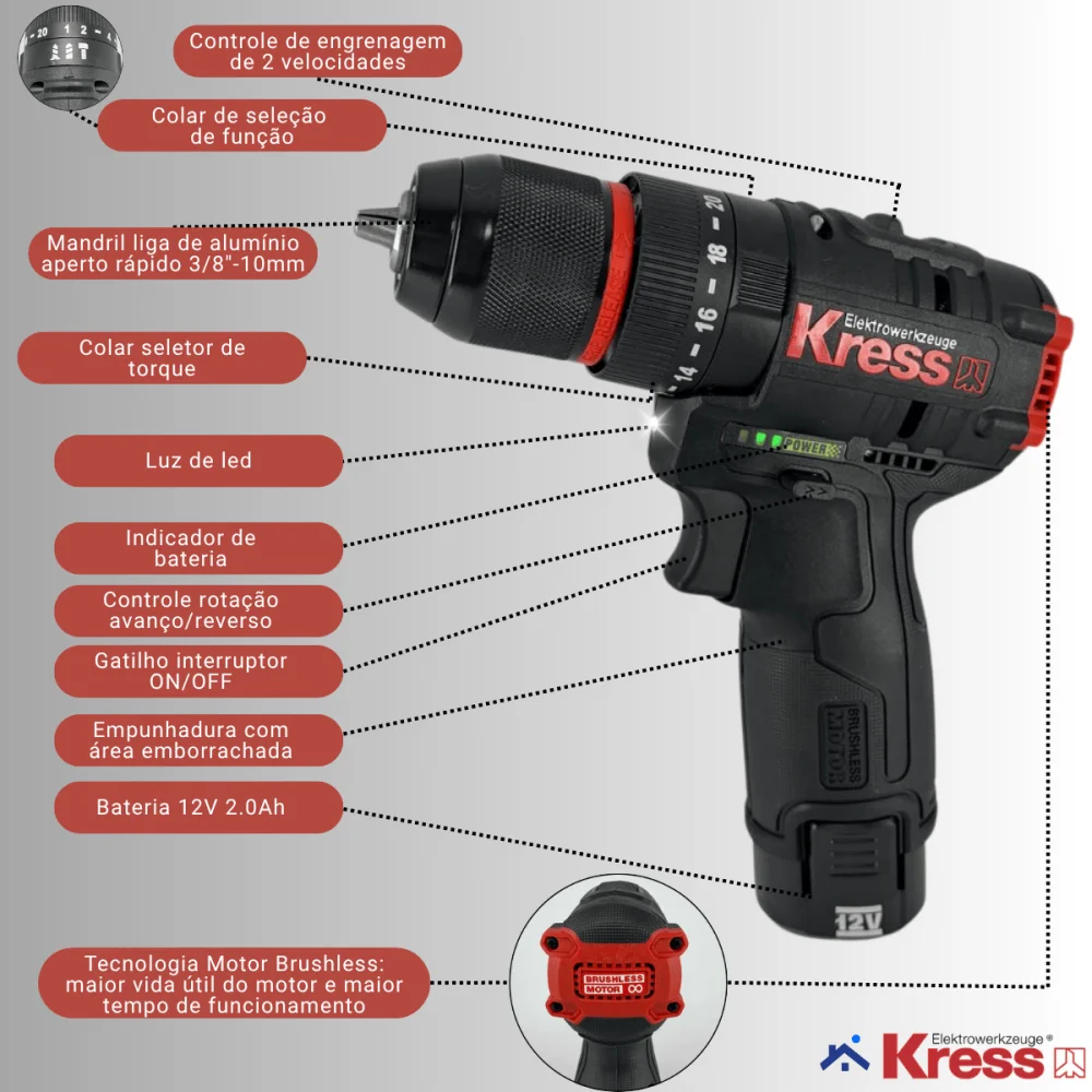Kit Furadeira e Parafusadeira de Impacto 12V Brushless Kress KUG02