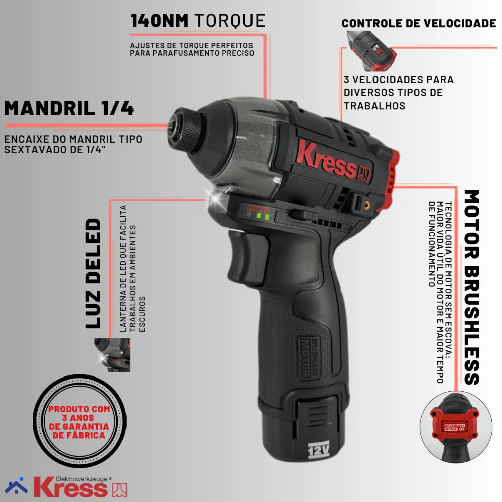 Kit Furadeira e Parafusadeira de Impacto 12V Brushless Kress KUG02