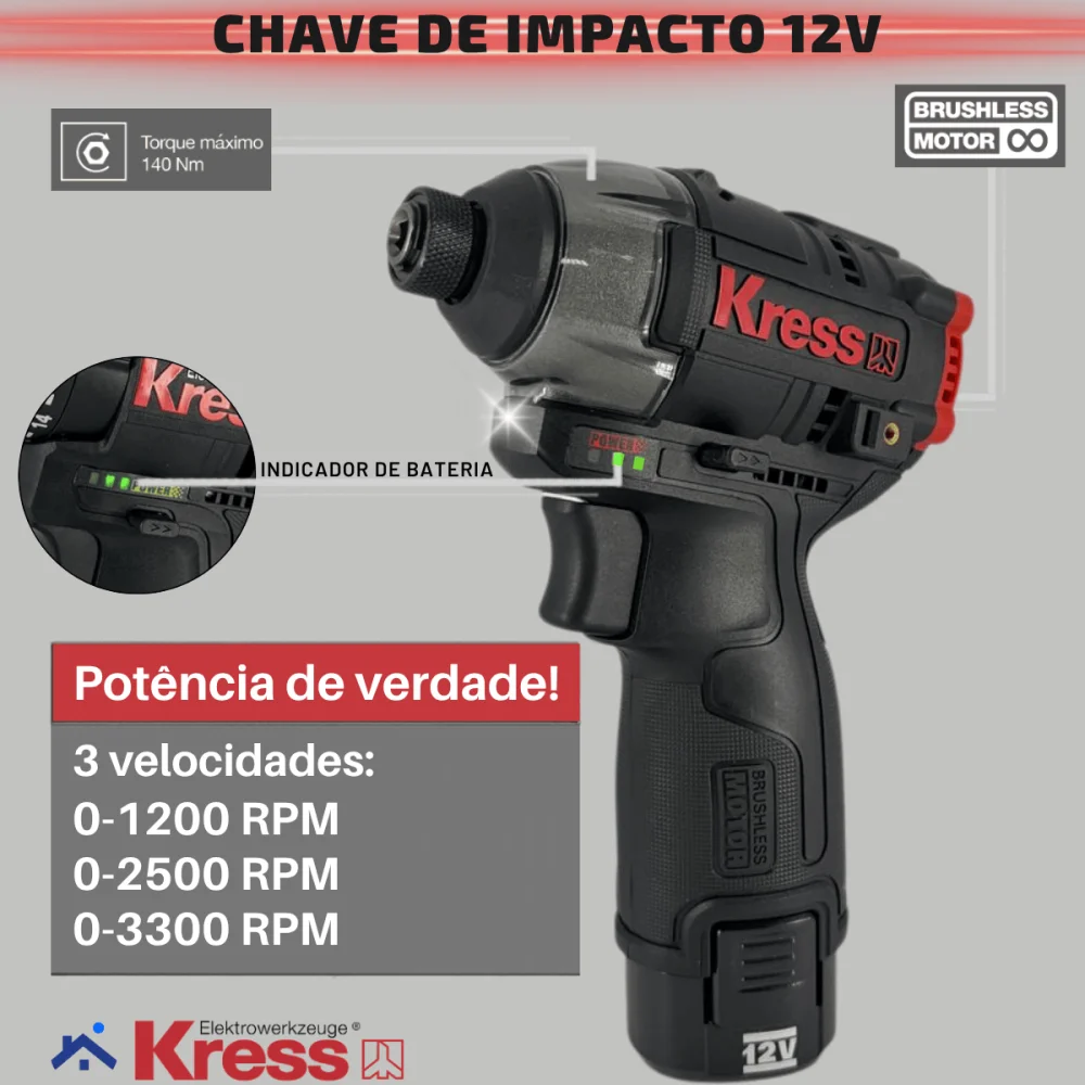 Kit Furadeira e Parafusadeira de Impacto 12V Brushless Kress KUG02