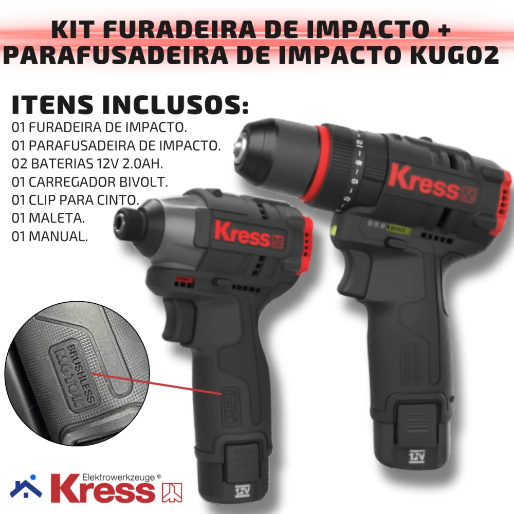 Kit Furadeira e Parafusadeira de Impacto 12V Brushless Kress KUG02