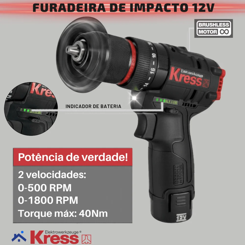 Kit Furadeira e Parafusadeira de Impacto 12V Brushless Kress KUG02