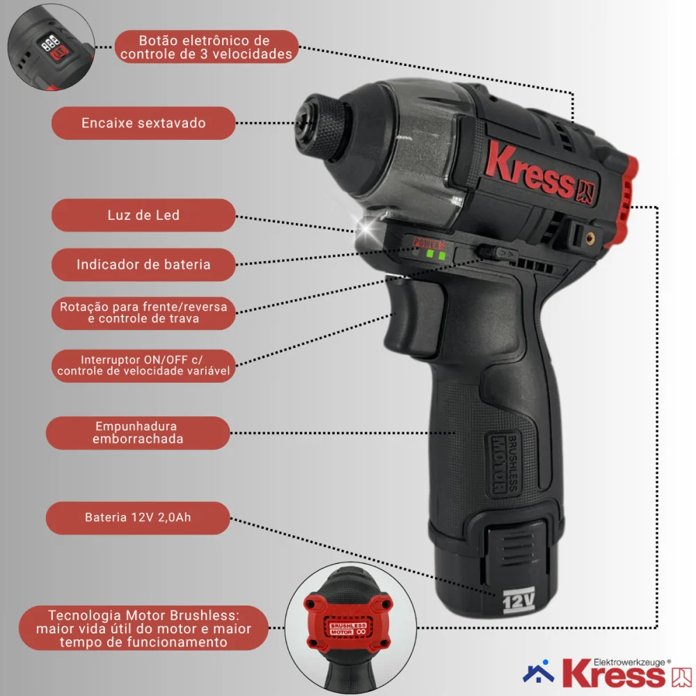 Kit Furadeira e Parafusadeira de Impacto 12V Brushless Kress KUG02