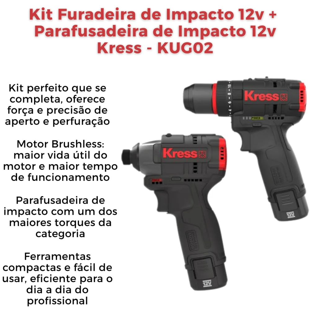 Kit Furadeira e Parafusadeira de Impacto 12V Brushless Kress KUG02