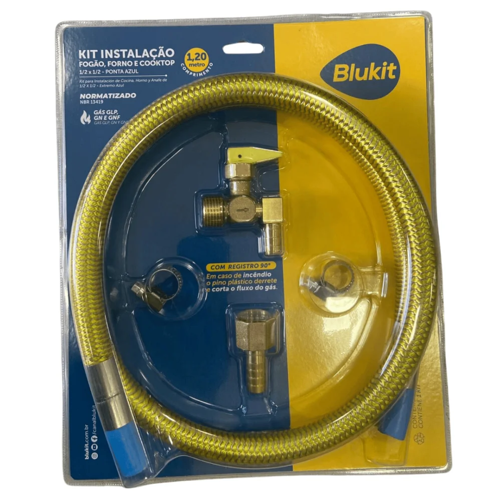 Kit Instação Fogão Forno Cooktop 1/2" x 1/2" Com Mangueira Flexível Ponta Azul 1,20mt Blukit