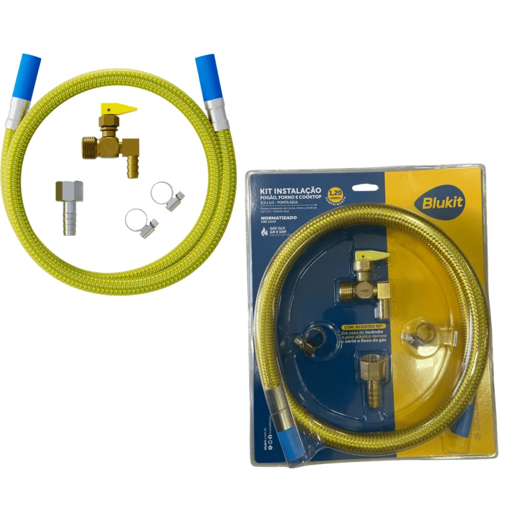 Kit Instação Fogão Forno Cooktop 1/2" x 1/2" Com Mangueira Flexível Ponta Azul 1,20mt Blukit