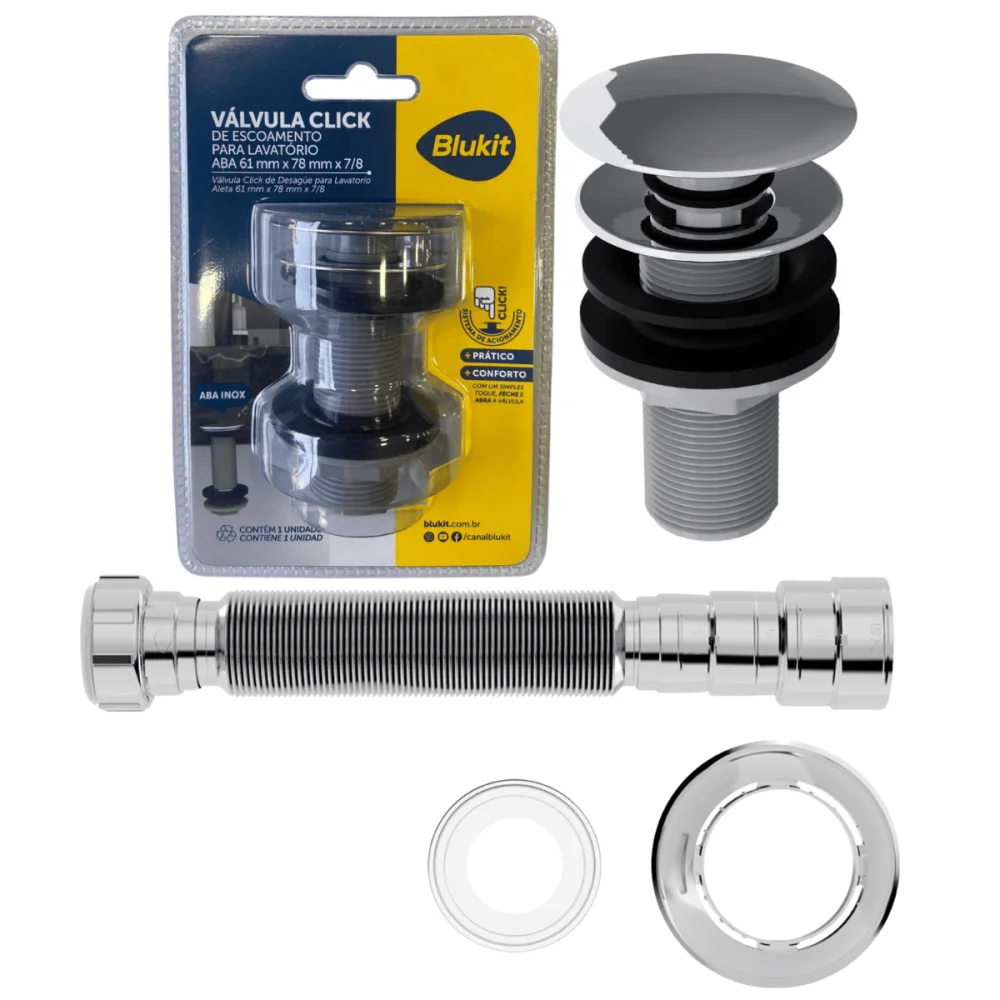 Kit Válvula Click Lavatório + Sifão Cromado Blukit