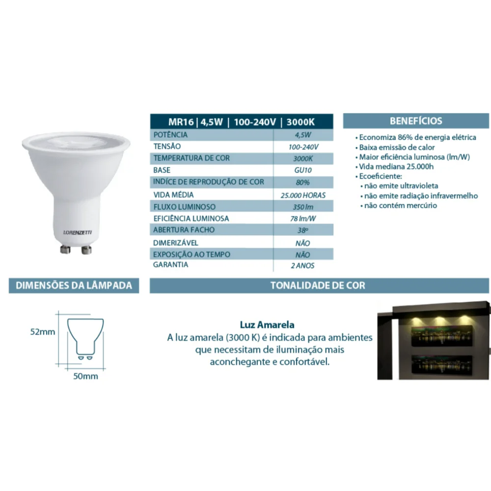Lâmpada Led Dicroica 4,5W GU10 MR16 Luz Amarela 3000K Bivolt (127v-220v) Lorenzetti