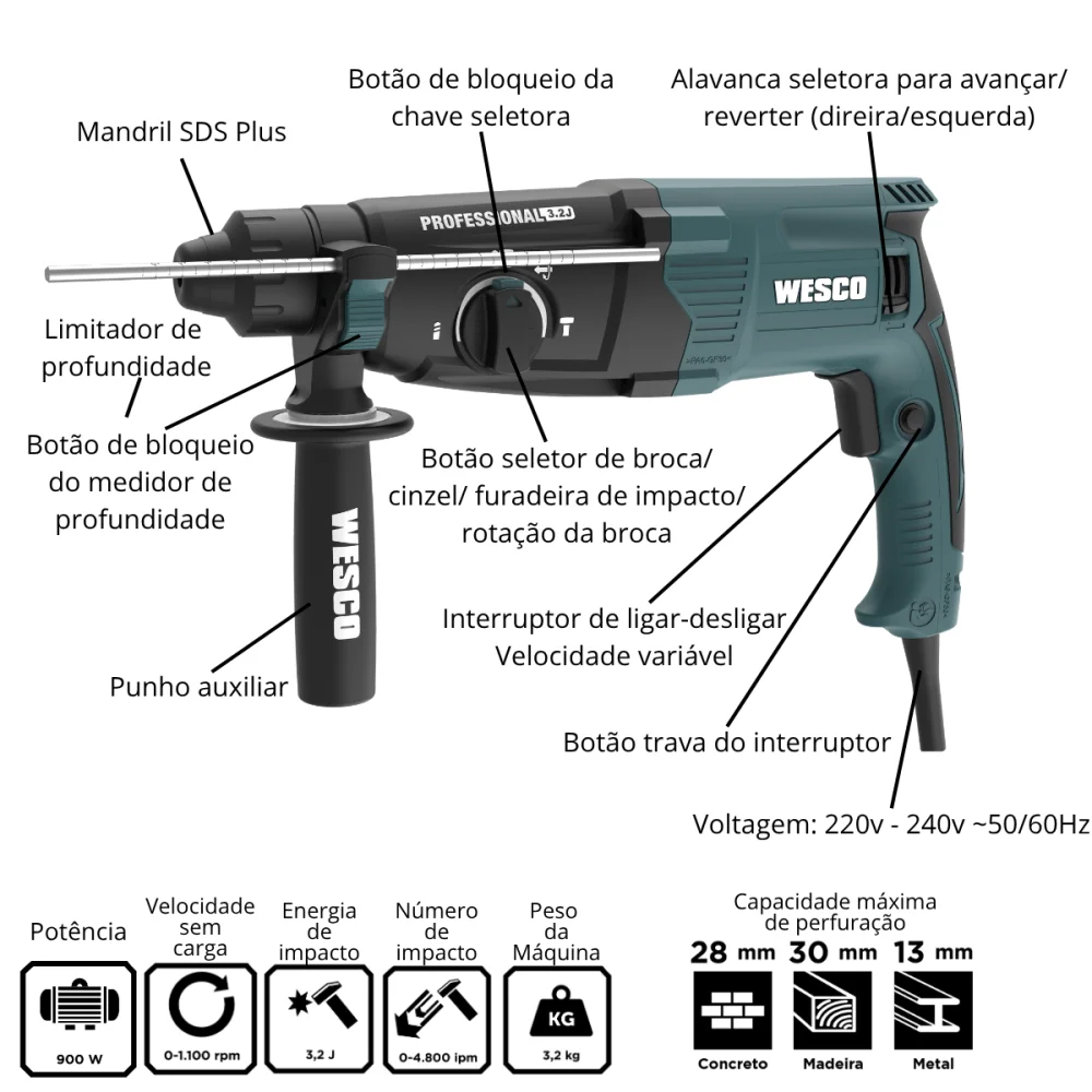 Martelete Perfurador Rompedor SDS Plus 3,2J 900W WS3228K 220V Wesco