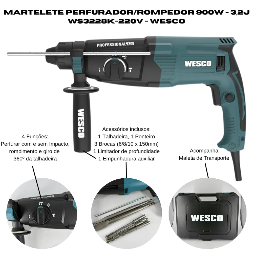 Martelete Perfurador Rompedor SDS Plus 3,2J 900W WS3228K 220V Wesco