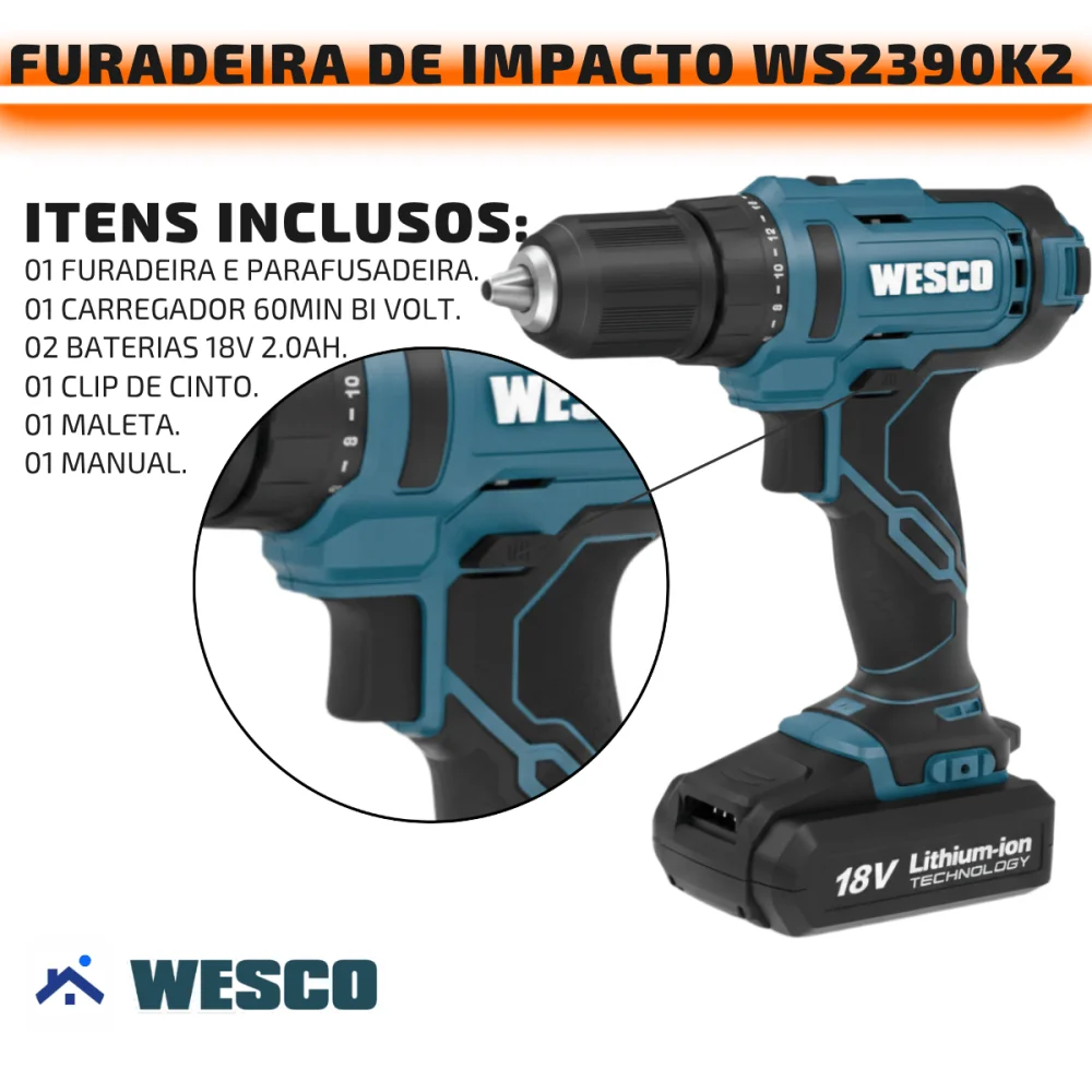 Parafusadeira Furadeira De Impacto 18V 2 Baterias WS2390K2 Wesco