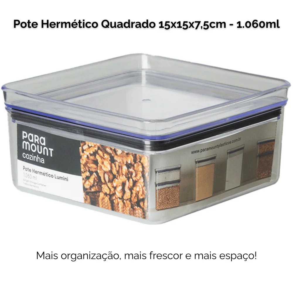 Pote Hermético Quadrado 1.060ml Lumini Cristal Paramount