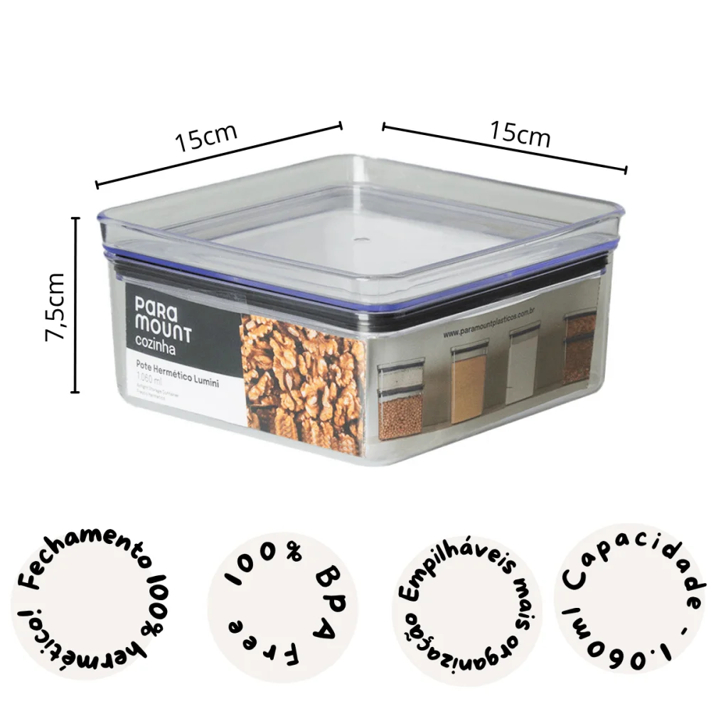 Pote Hermético Quadrado 1.060ml Lumini Cristal Paramount