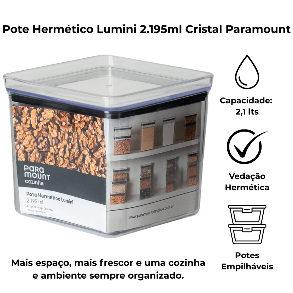 Pote Hermético Quadrado 2.195ml Lumini Cristal Paramount