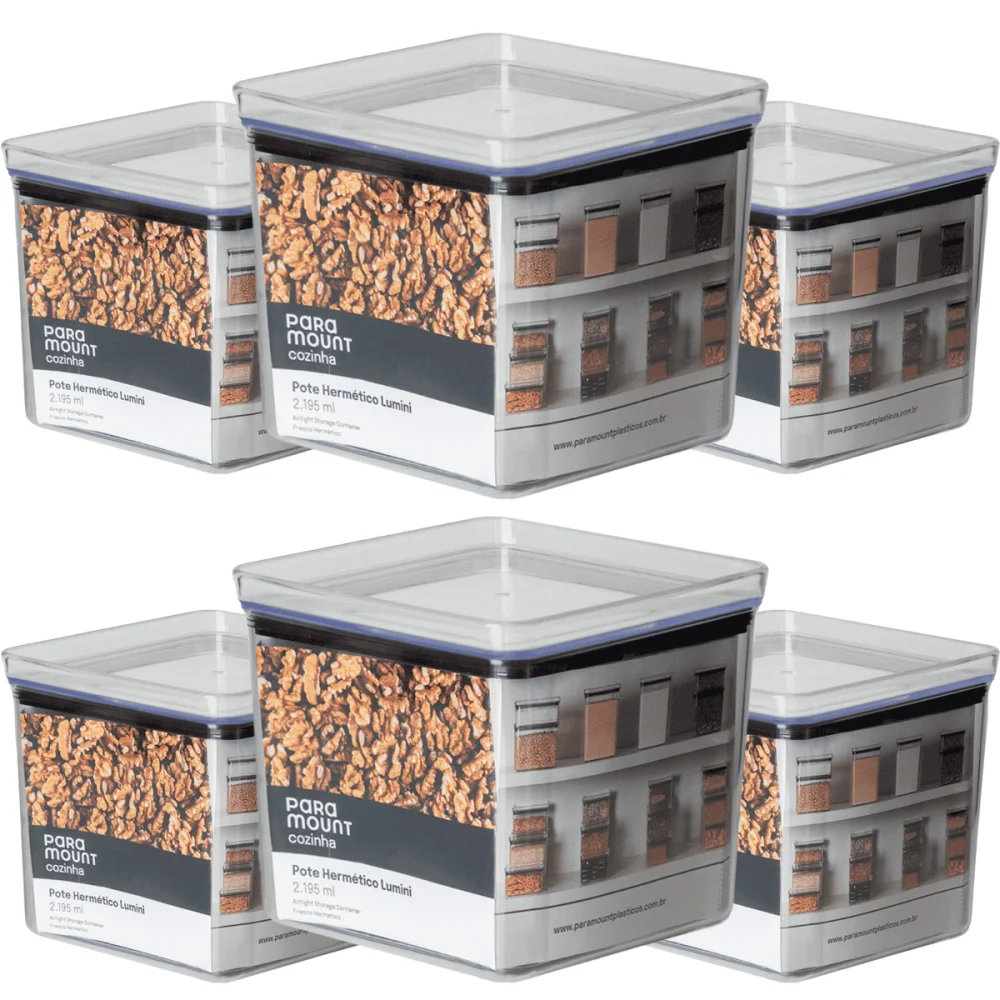 Pote Hermético Quadrado 2.195ml Lumini Cristal Paramount Kit c/6