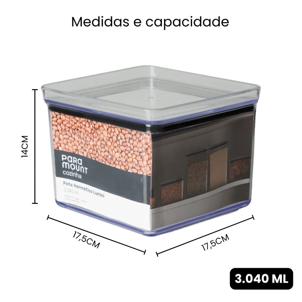 Pote Hermético Quadrado 3.040ml Lumini Cristal Paramount