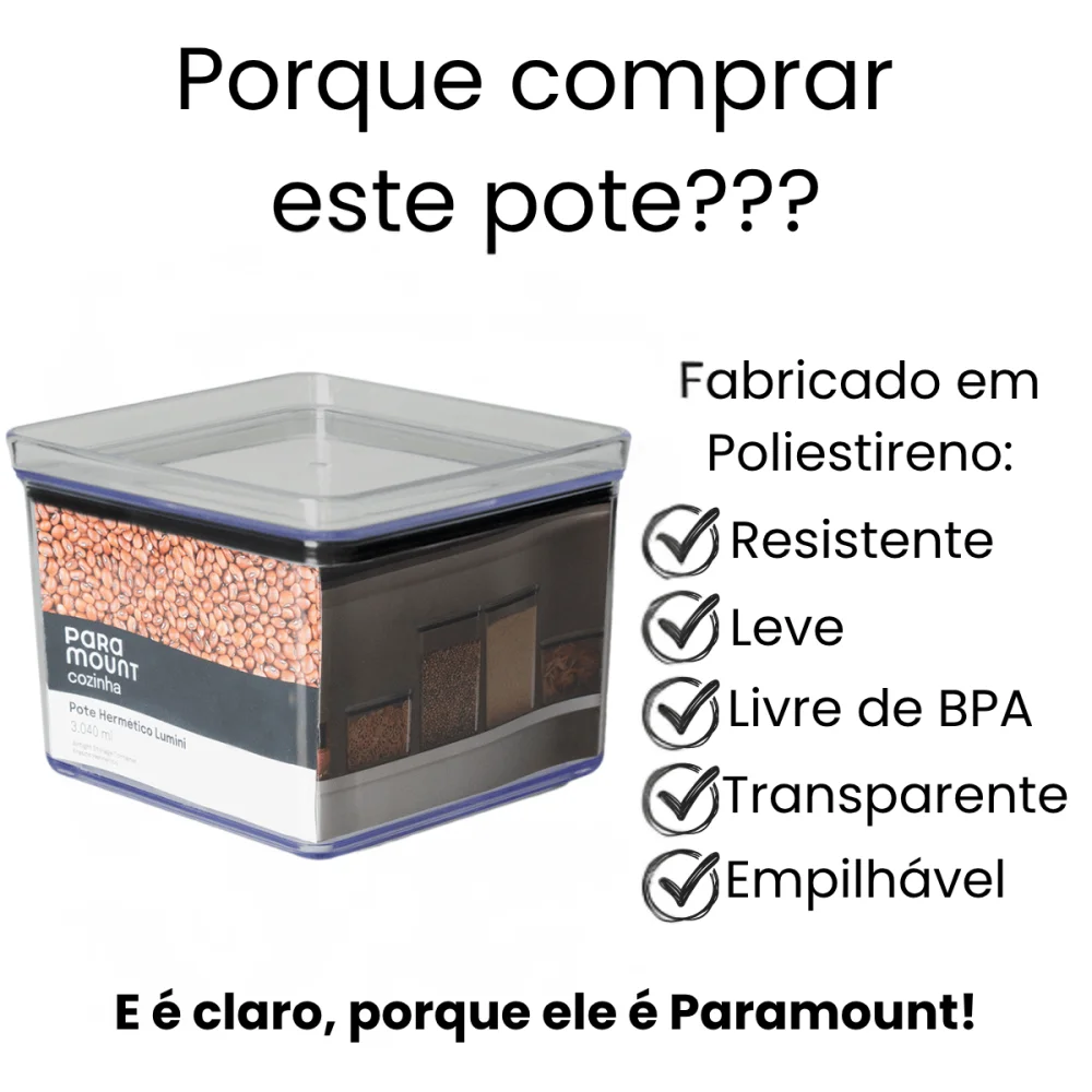 Pote Hermético Quadrado 3.040ml Lumini Cristal Paramount