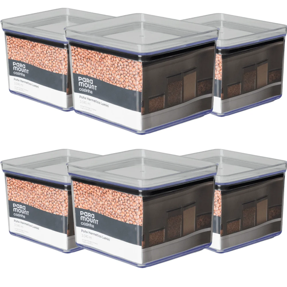 Pote Hermético Quadrado 3.040ml Lumini Cristal Paramount Kit c/6