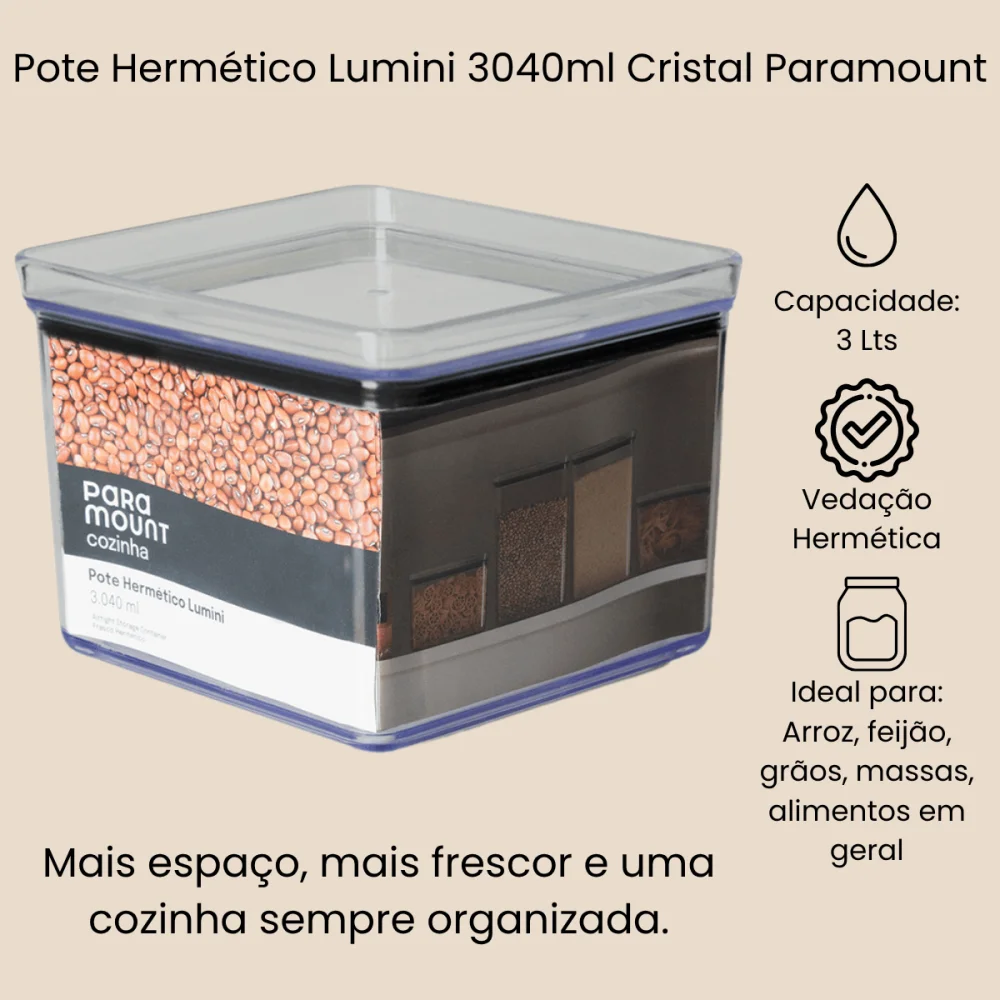 Pote Hermético Quadrado 3.040ml Lumini Cristal Paramount