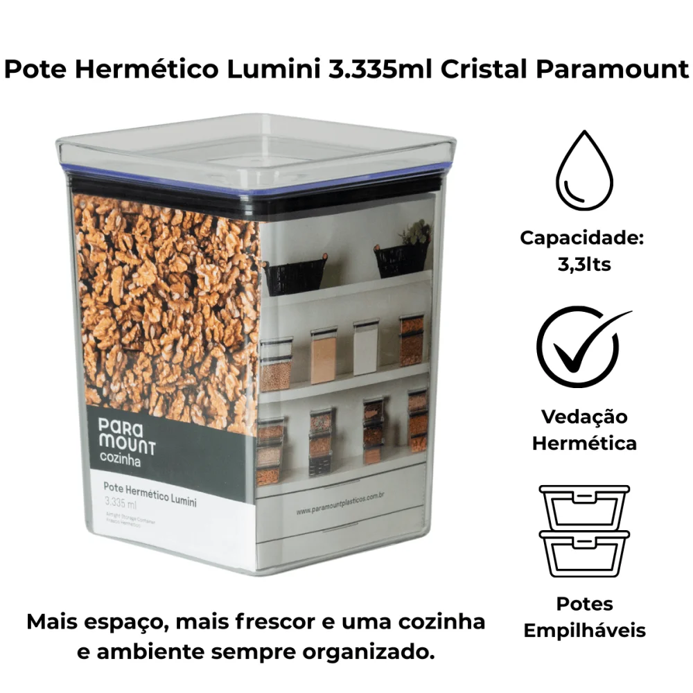 Pote Hermético Quadrado 3.335ml Lumini Cristal Paramount
