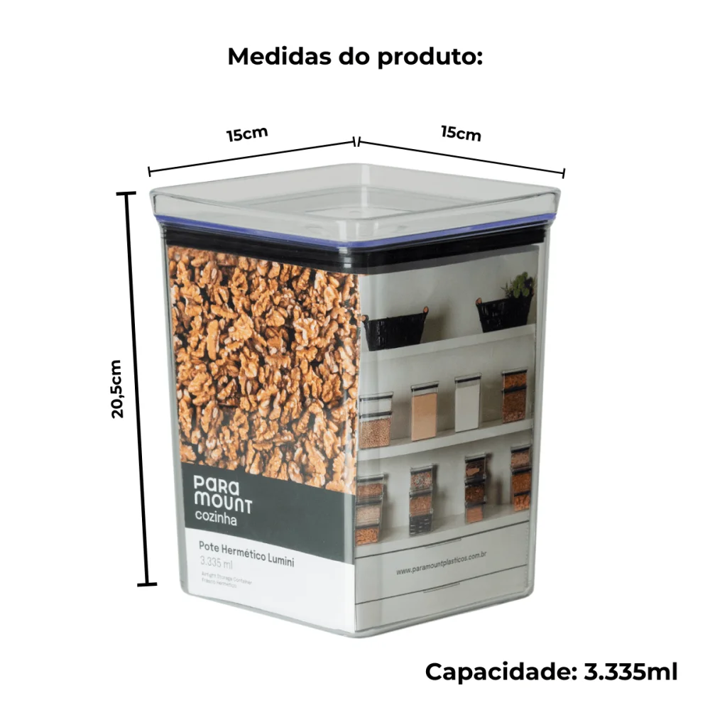 Pote Hermético Quadrado 3.335ml Lumini Cristal Paramount
