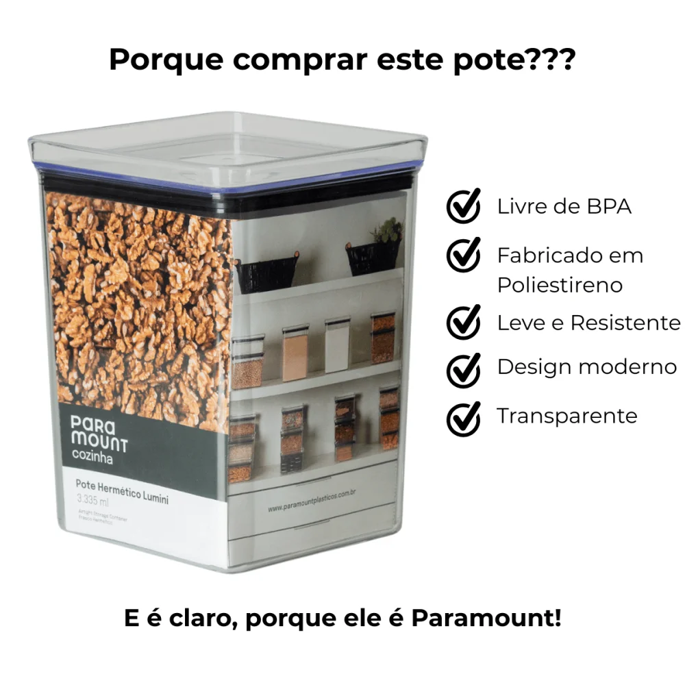 Pote Hermético Quadrado 3.335ml Lumini Cristal Paramount