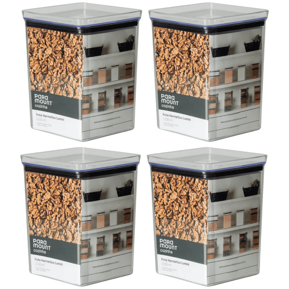 Pote Hermético Quadrado 3.335ml Lumini Cristal Paramount Kit c/4