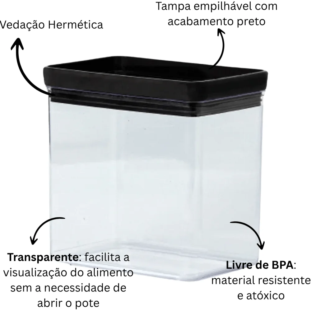 Pote Hermético Retangular Lumini Black 1.300ml Paramount