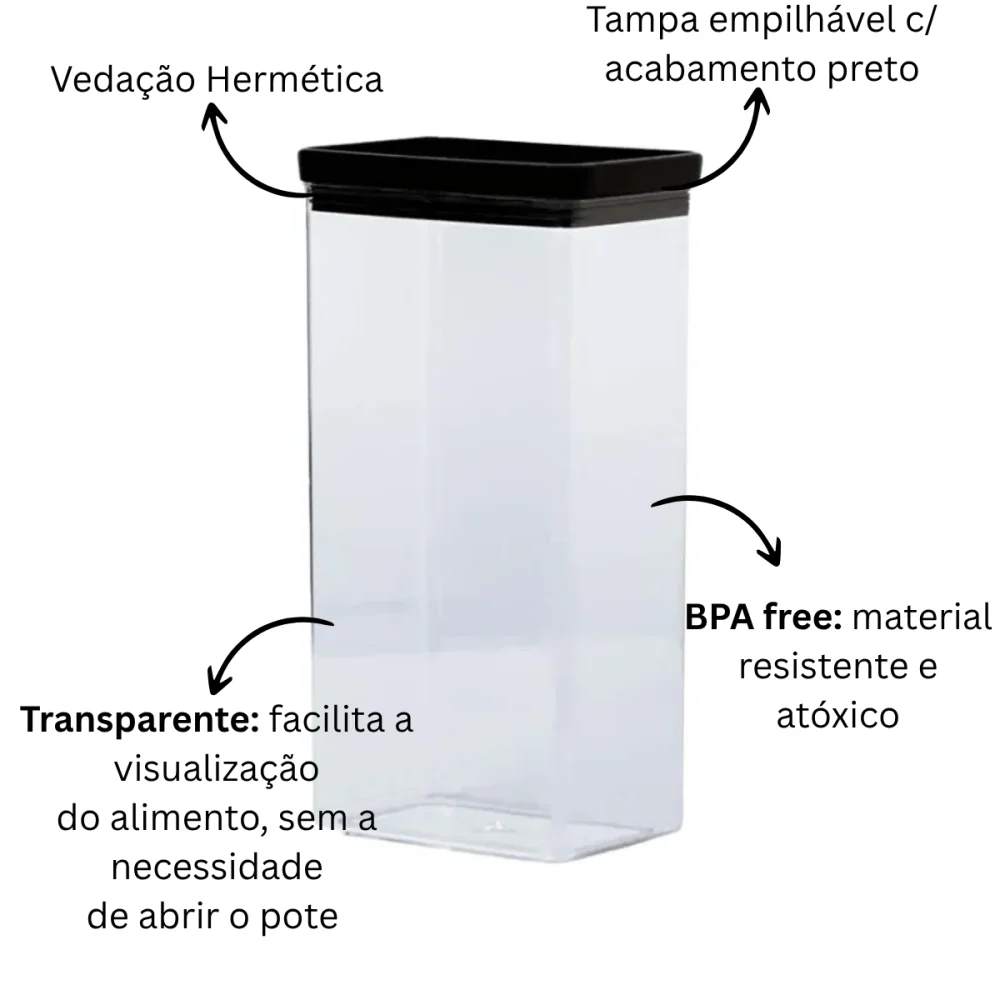 Pote Hermético Retangular Lumini Black 2.600ml Paramount
