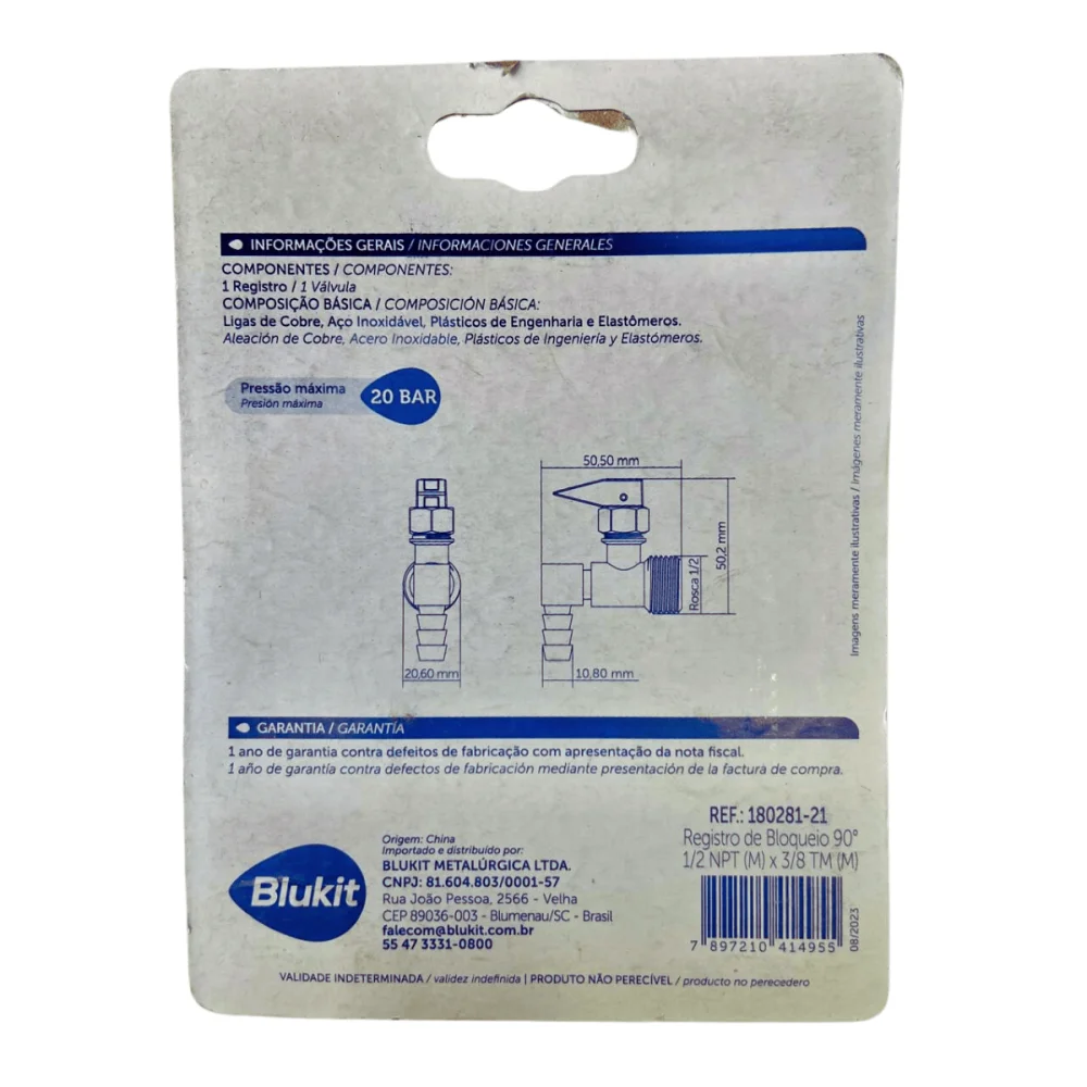 Registro De Bloqueio 90º Para Gás 1/2" NPT (M) x 3/8" TM Blukit