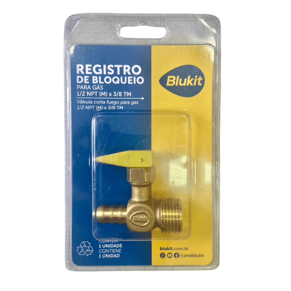 Registro De Bloqueio Para Gás 1/2" NPT (M) x 3/8" TM Blukit