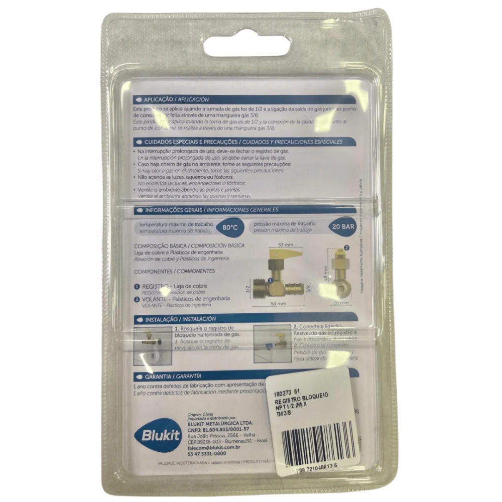 Registro De Bloqueio Para Gás 1/2" NPT (M) x 3/8" TM Blukit