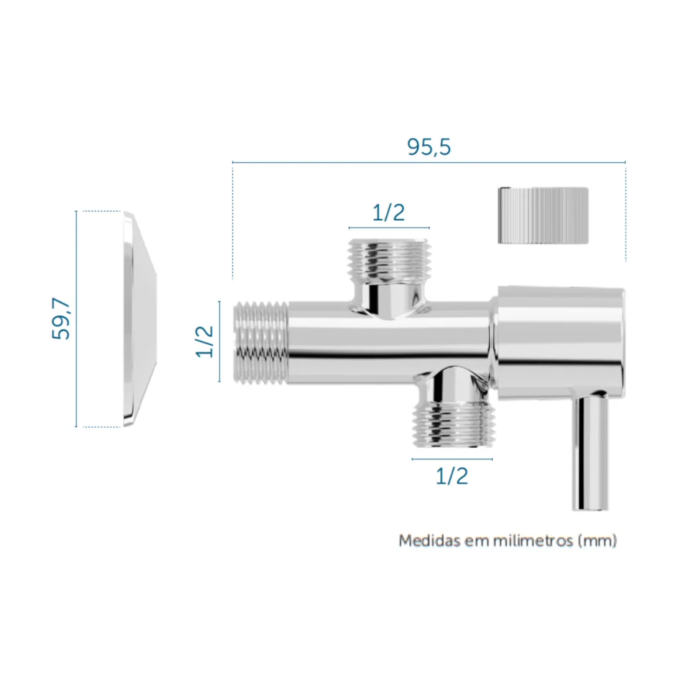 Registro 1/4 De Volta Com Derivação ABS Cromado Para Ducha Higiênica 1/2"x1/2" Blukit