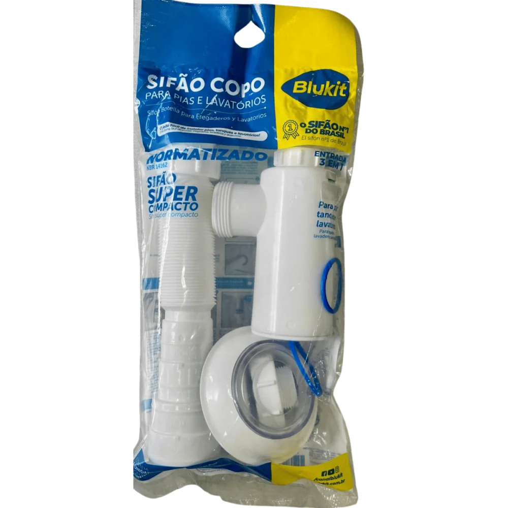 Sifão Sanfonado Com Copo Para Lavátorio PVC Branco Blukit