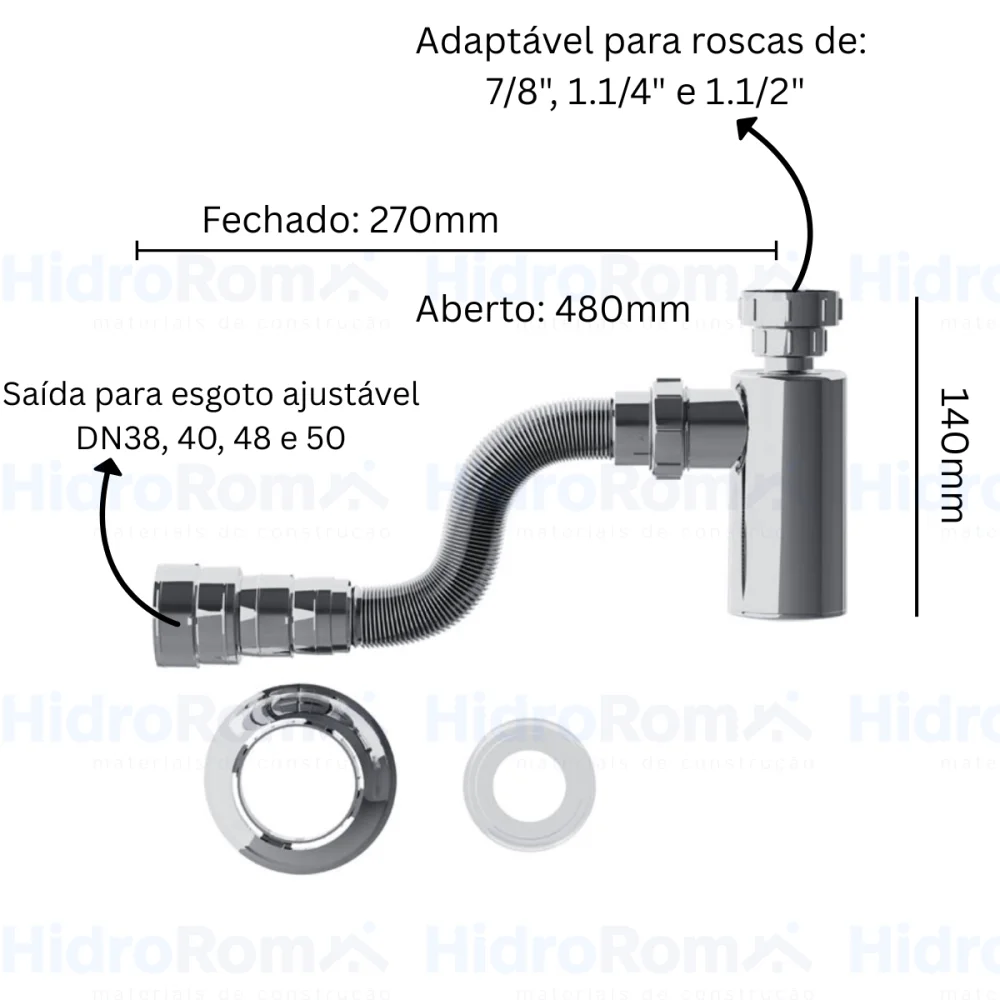 Sifão Sanfonado Com Copo Para Lavátorio PVC Cromado Blukit