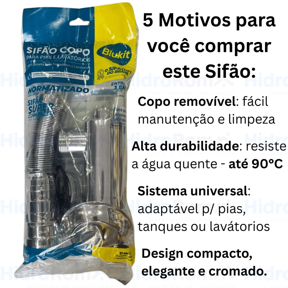 Sifão Sanfonado Com Copo Para Lavátorio PVC Cromado Blukit