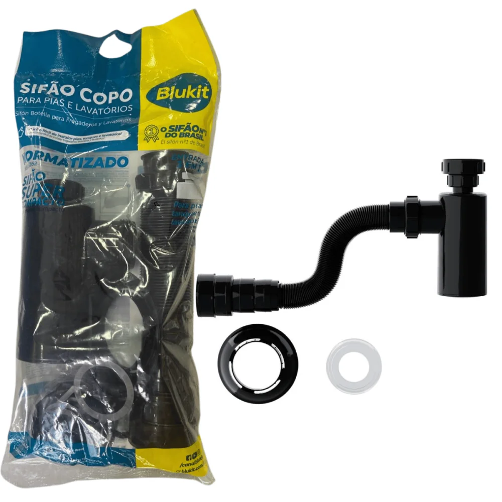 Sifão Sanfonado Com Copo Para Lavátorio PVC Black (Preto) Blukit