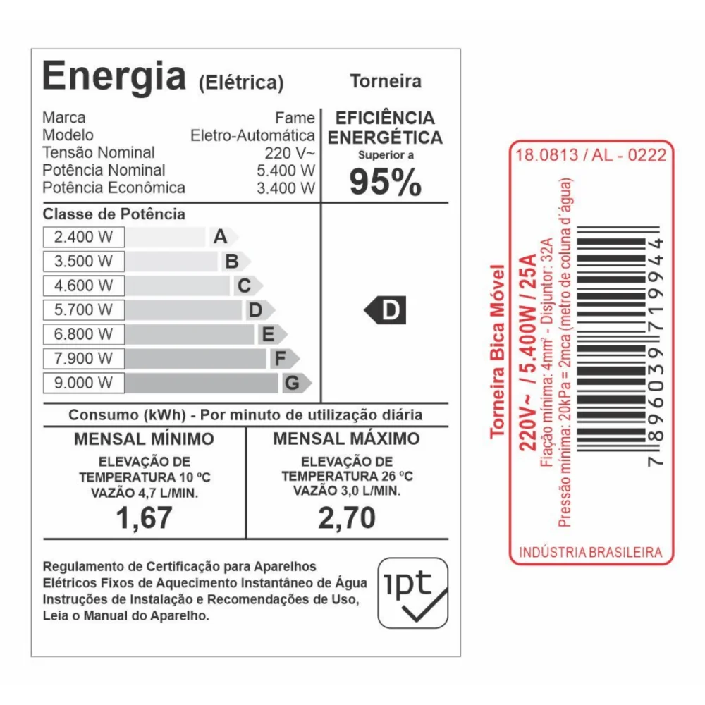 Torneira Elétrica Bica Alta e Movel Clima Frio 220v x 5500w Ref 1994 Fame