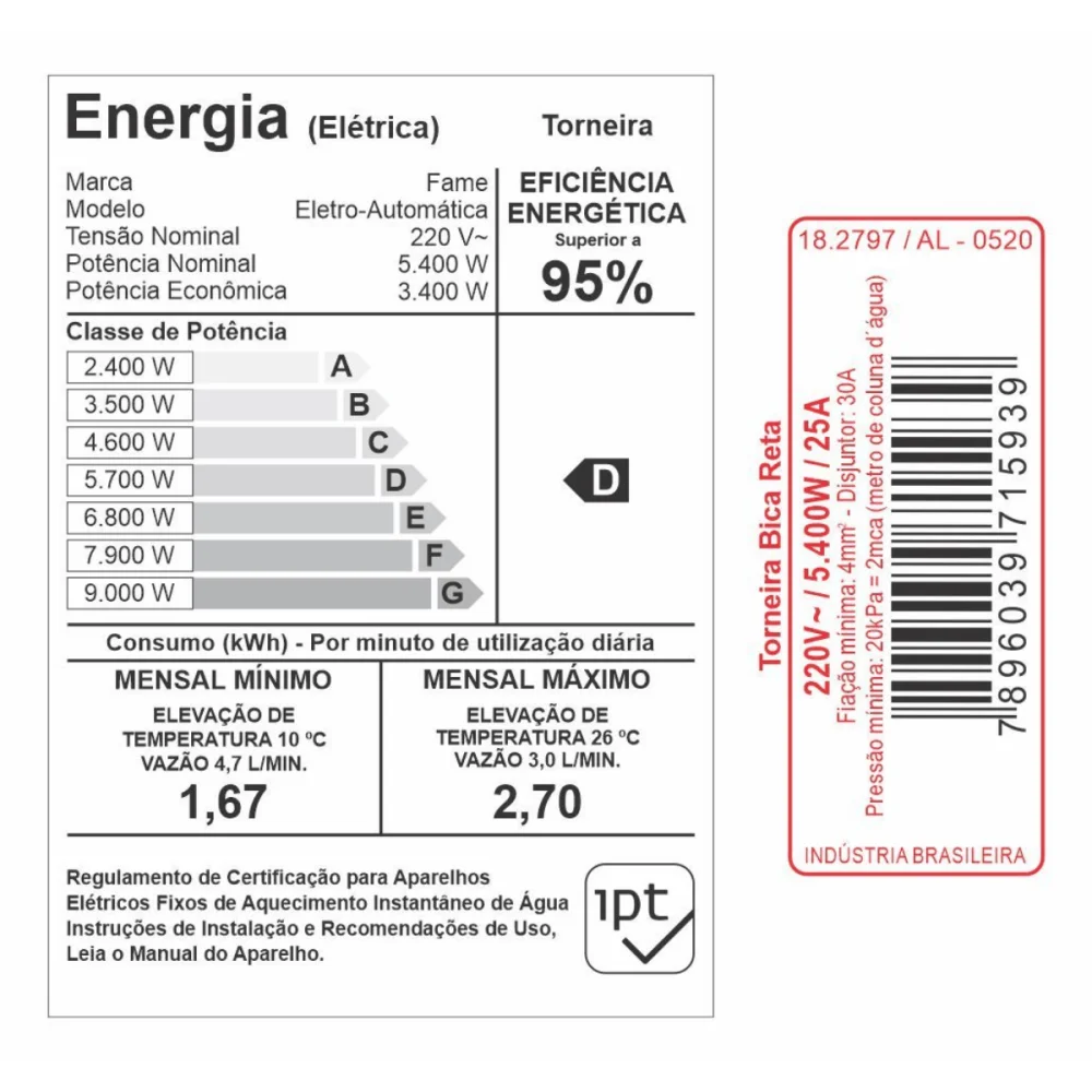 Torneira Elétrica Bica Reta Com Arejador Clima Frio 220v x 5500w Ref 1593 Fame