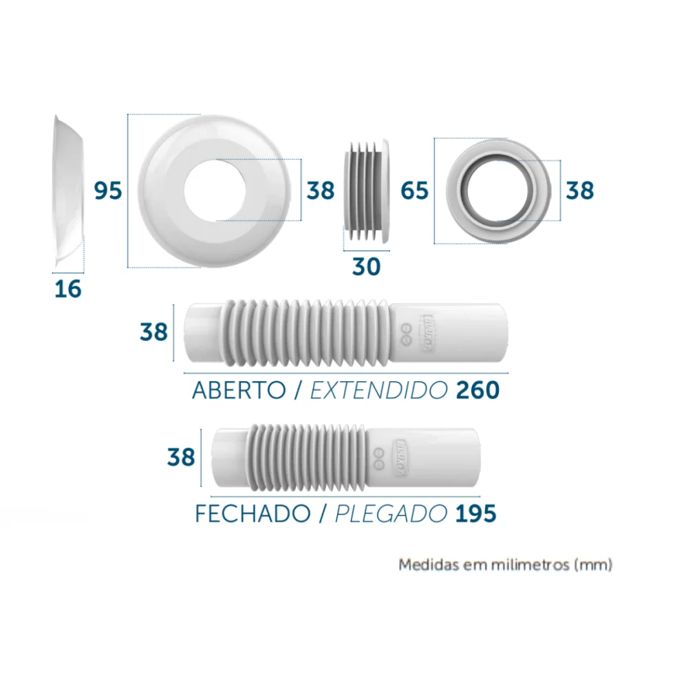 Tubo Ligação Ajustável Branco Para Vaso Sanitário DN38 x 26cm Blukit