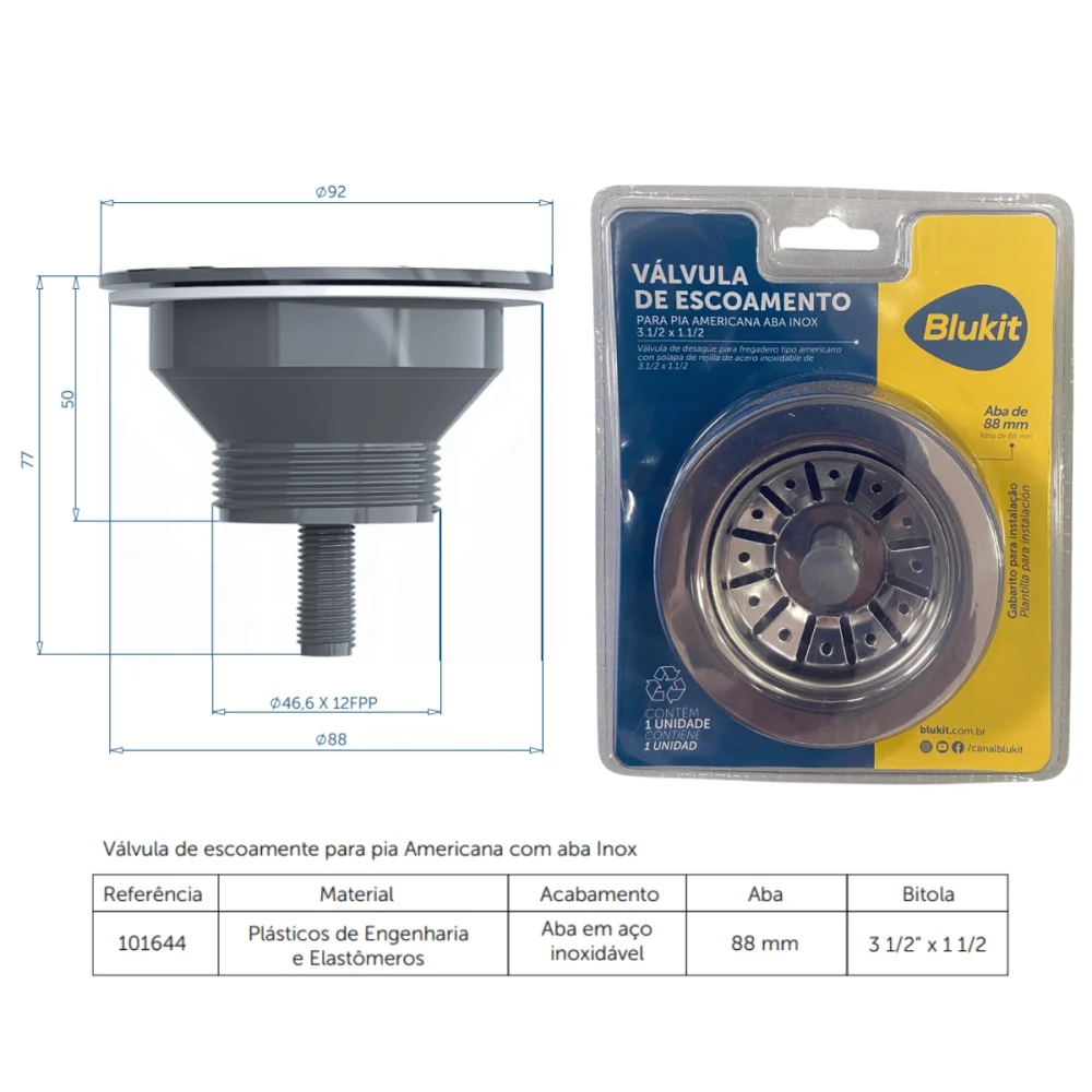 Válvula Para Pia Americana Aba Inox 3.1/2" x 1.1/2" Blukit