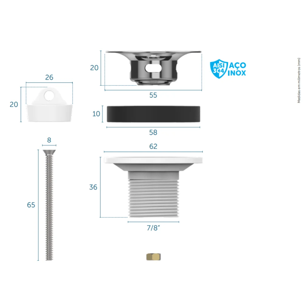 Válvula Para Lavatório Aba Aço Inox C/ Parafuso Blukit