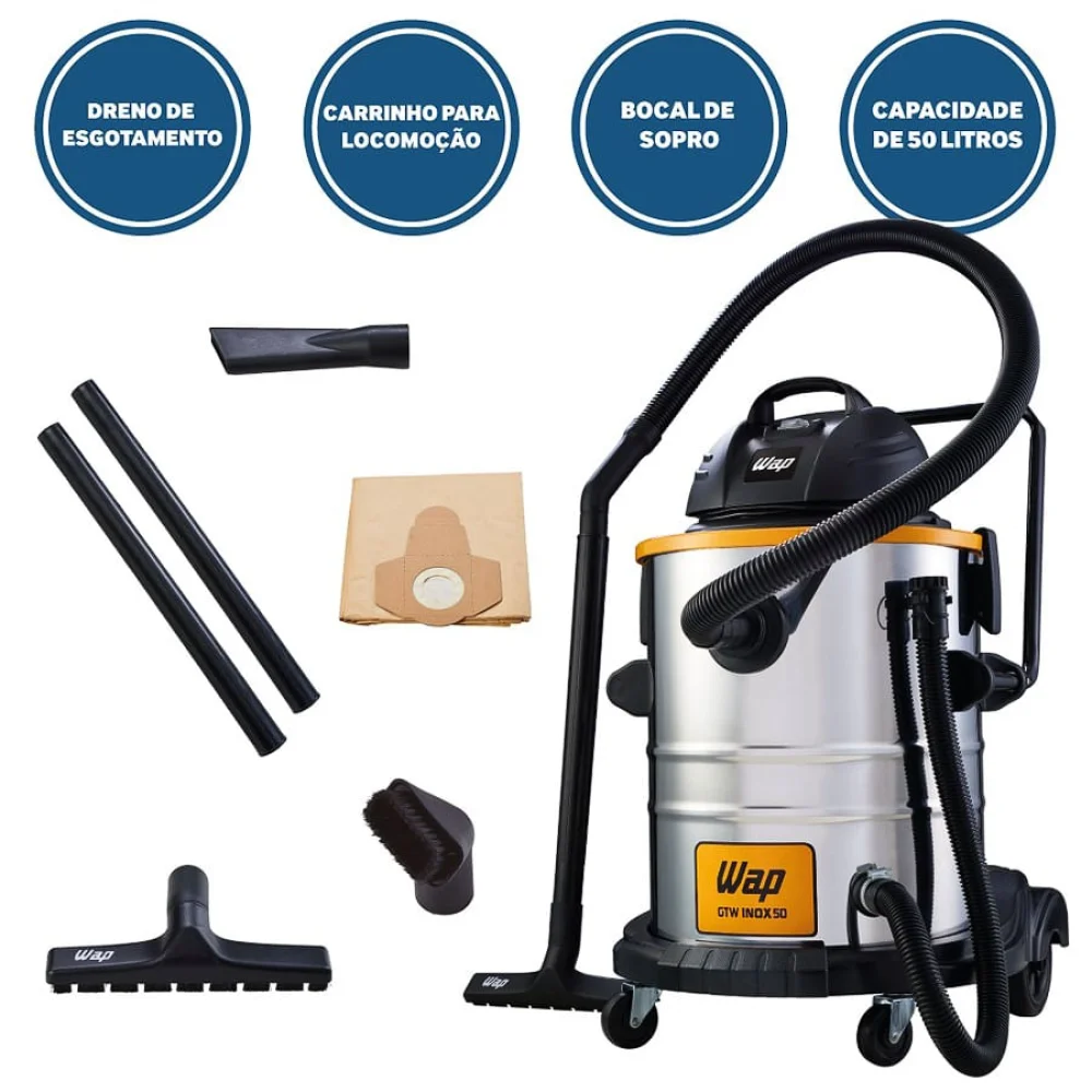 Aspirador de Água e Pó 50 Litros 1600 Watts GTW INOX 50 FW005575 Wap