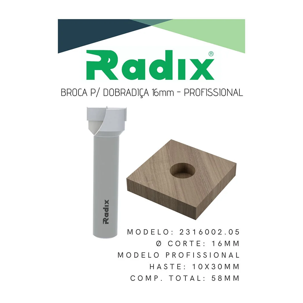 Broca Profissional para Dobradiça 16mm 2316002.05 Radix