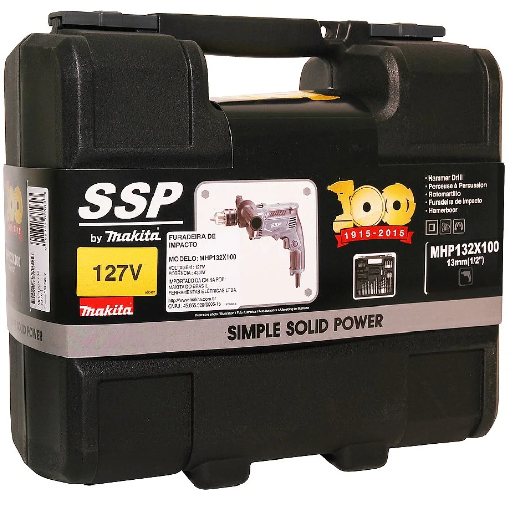 Combo Furadeira de Impacto 13mm 430W e Maleta de Acessórios MHP132X100 Makita
