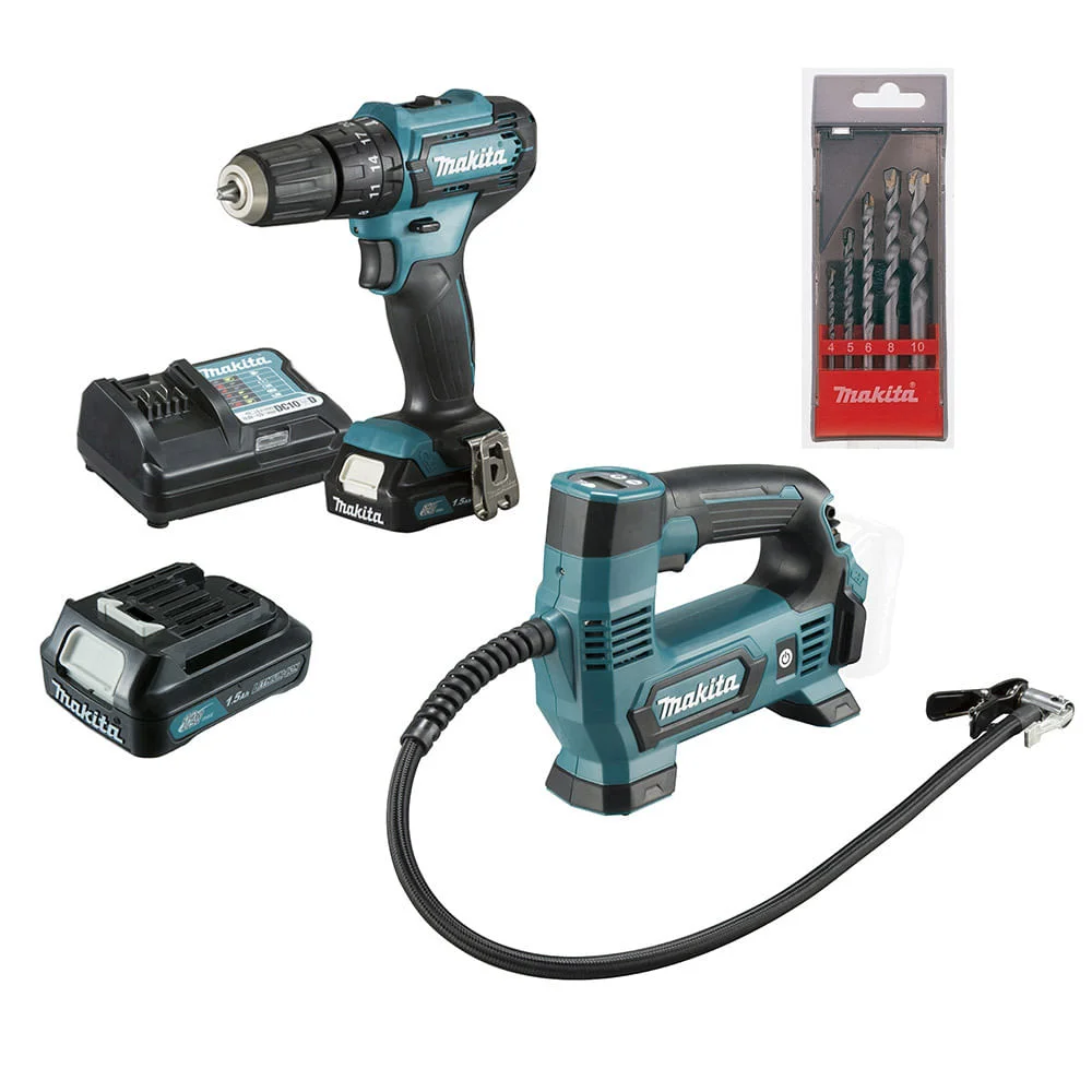 Combo Parafusadeira Furadeira 12V Compressor Ar e Brocas KITHP333 e MP100 Makita