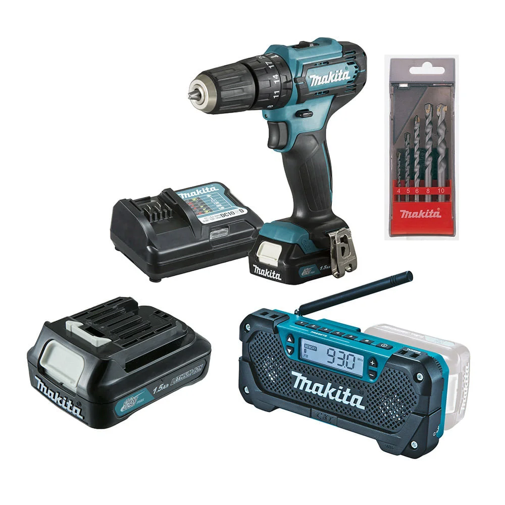 Combo Parafusadeira Furadeira 12V Rádio Bateria e Brocas KITHP333 e MR052 Makita