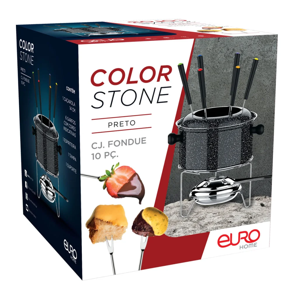 Conjunto de Fondue Pequeno Caçarola 085L 10 Peç Colorstone Preto HH7802 Euro