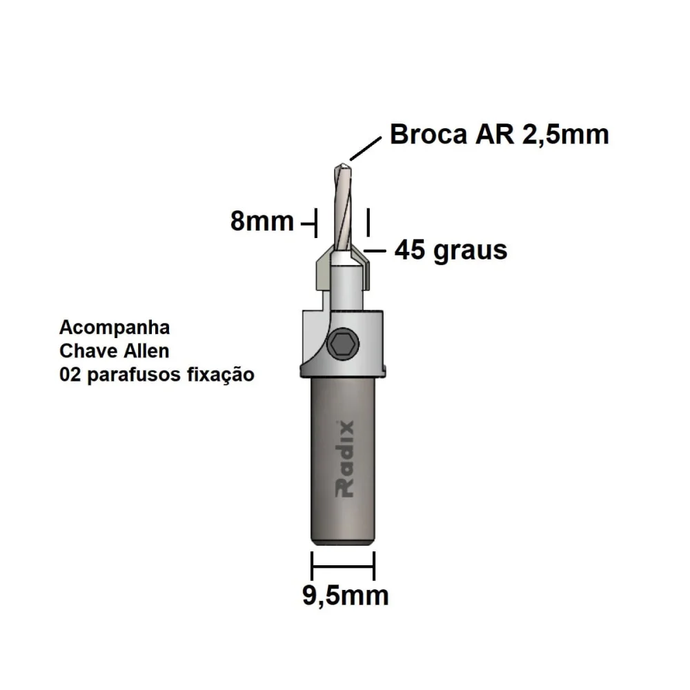 Escareador para Furadeira 45º 8x2.5mm 22A0825.04 Radix