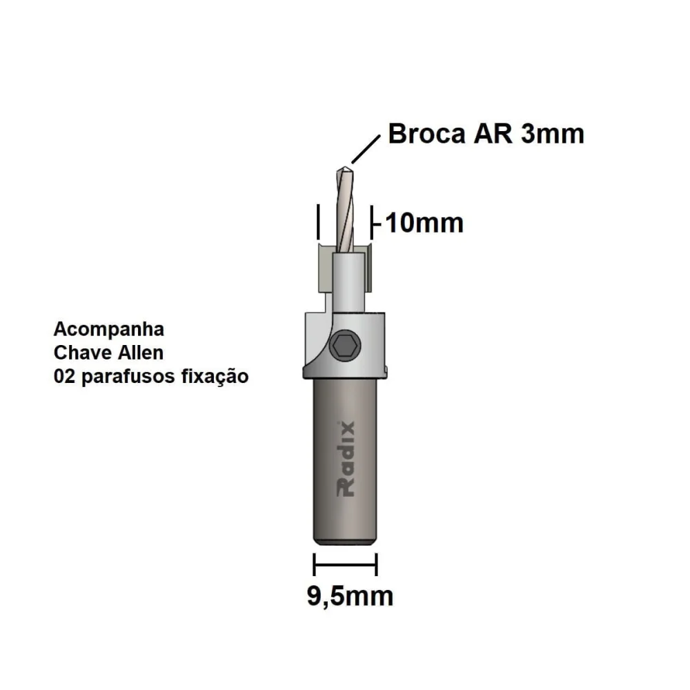 Escareador Reto 10x3mm para Madeira e MDF 22B1030.04 Radix